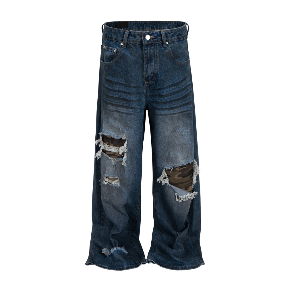 AZUL DISTRESSED CAMO PATCHWORK DENIM