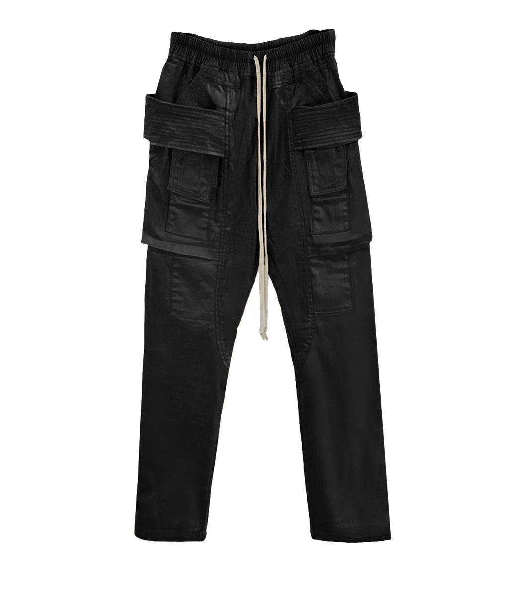 WAXED DROP-CROTCH DRAWSTRING CARGO PANTS
