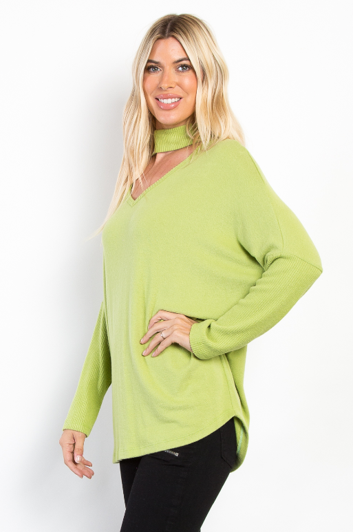 AVOCADO COLOR BRUSHED HIGH NECK SWEATER BY BE STAGE