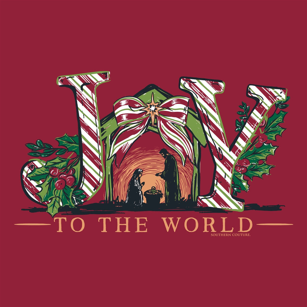 Joy Nativity Front Print on Cardinal Southern Couture Soft Long Sleeve Tee