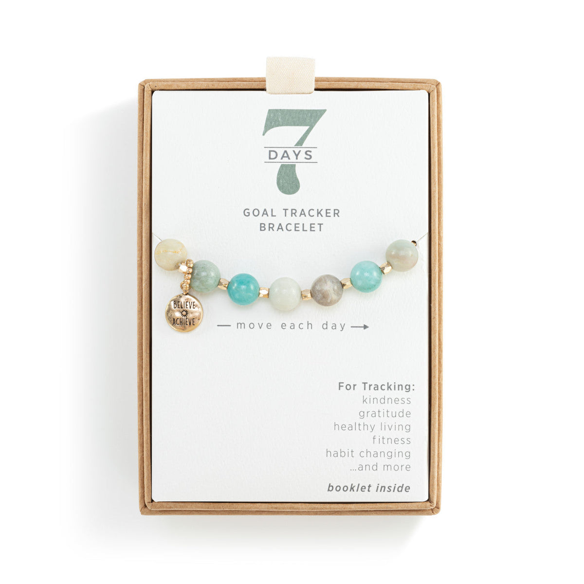 7 Days Goal Tracker Boxed Bracelet - Turquoise and Gold Believe Achieve Move each day - by Demdaco